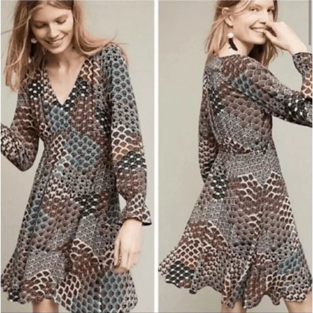 Anthropologie Maeve Monaco Empire Fan Print Peacock Dress Size M MSRP $168 hi lo